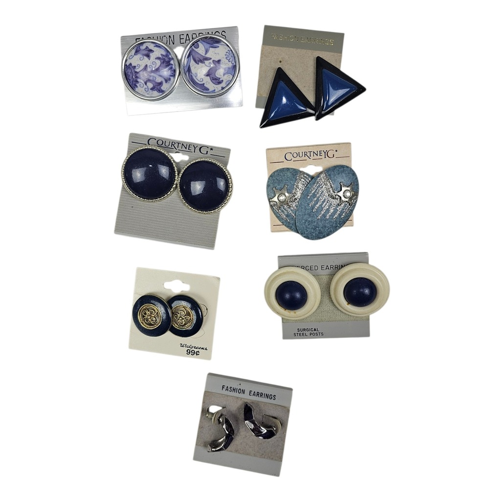 Vintage‎ Earrings Lot 7 Pairs Navy Blue Silver Courtney G Retro Studs Hoops NEW